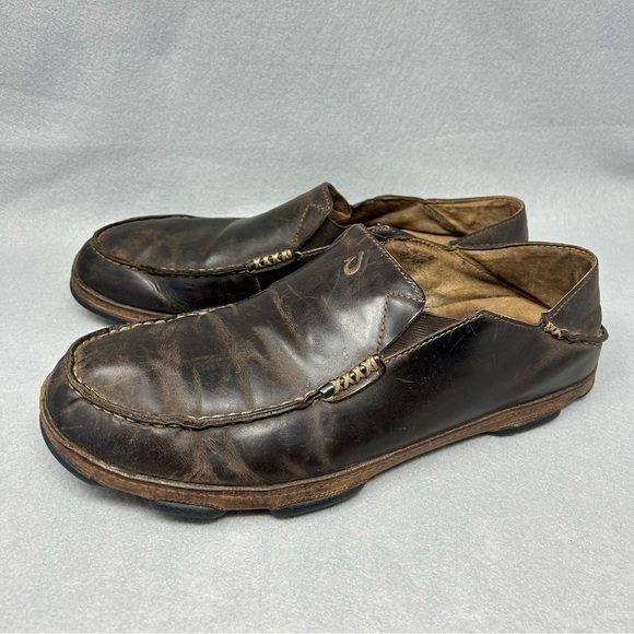 Olukai Moloa Shoes Mens 12 Brown Leather Loafer Slip On Fold Down Heel - Picture 1 of 14